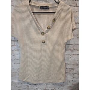 B Flawless Womens Swester Shirt Half Button Up Wize Small Tan Short Sleeve